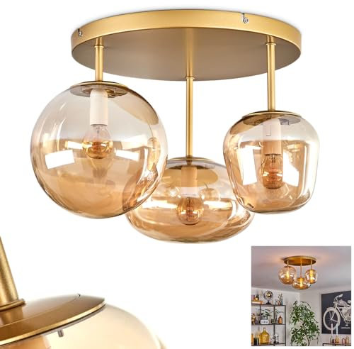 Deckenleuchte Zernez, Deckenlampe aus Metall/Glas in Goldfarben/Bernsteinfarben, Leuchte im modernen Retro/Vintage-Design mit Schirmen aus Glas (Ø 19,5 cm; 22 cm; 14 cm), 3 x E14, ohne Leuchtmittel