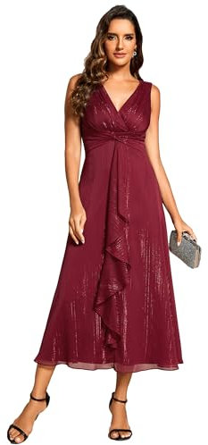 Ever-Pretty Vestido de Invitada Boda Mujer Sin Mangas Cuello en V Dobladillo con Volantes Burdeos 44