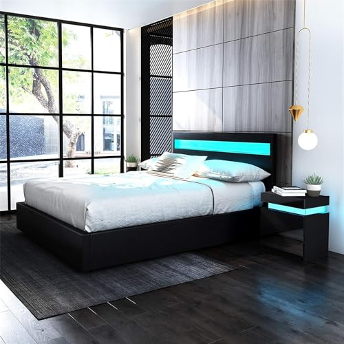 Ottoman Storage 3ft Single Bed Frame with LED Lights,Storage Gas Lift Up Bed Frame for Home, Faux Leather (Black, Single)