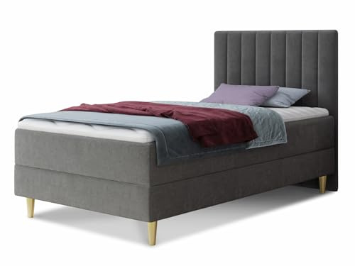 Boxspringbett Gold Mini mit Bettkasten, Bonell-Matratze und Topper - Einzelbett mit Matratzentopper, Polsterbett, Bett, Schlafzimmer, Jugendzimmer, Velours Stoff (Grau (Manila 16), 90 x 200 cm)
