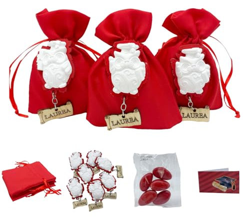 Doni Bomboniere Set Bomboniere Laurea 12 Sacchetti Cotone Rosso Portaconfetti 12 Applicazioni Gufetto Laurea Pergamena Tocco 12 Bustine Confetti 12 Bigliettini Festa Regalo Celebrazione Gadget