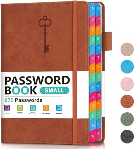 hi!SCI Kleines Passwortbuch mit bunten alphabetischen Registern, Hardcover-Passwort-Logbuch für Internet-Passwort und Website-Adresse, 14 x 21 cm, Passwort-Notizbuch für Home Office (Sienna)
