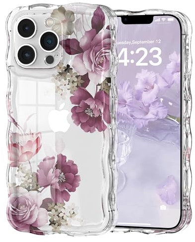 Micoden Cute Curly Wave Case for iPhone 13 Pro Max,Clear with Anti-Yellowing Flower Floral,Soft TPU Slim Bumper Shockproof Anti-Scratch Protective Wavy Cover for Girls Women-Purple