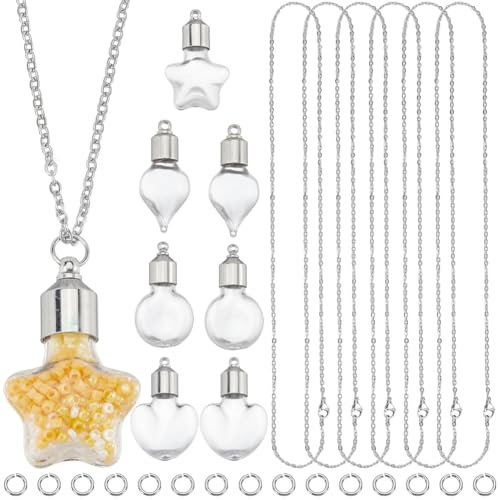 SUNNYCLUE 36Pcs Vial Necklace Kit Glass Vial Necklaces Bulk Glass Bottle Necklace Empty Clear Vial Necklace Heart Star Glass Vials For Jewellery Making Kits Memorial Keepsake Perfume Hair Mud Supplies