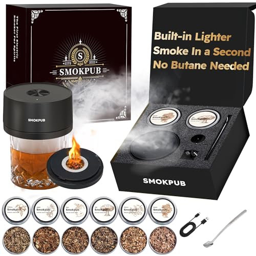 SMOKPUB Electric Whiskey Smoker Kit Built-in Lighter, No Butane Needed, Rechargeable Cocktail Smoker Kit with 6 Wood Chips, Old Fashioned Drink Smoker Kit, Bourbon Whiskey Gifts for Men,Dad,Husband