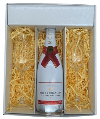 Coffret Blanc : Moët & Chandon Ice – Champagne – 1 Demi sec Rosé et 2 Flûtes « carr頻 – (1x75cl)