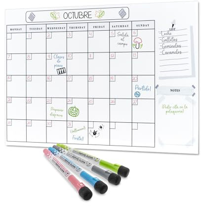 RE® Calendario Magnético Nevera Tamaño A4 (21 x 29,7cm) + 4 Rotuladores | Pizarra Magnética Nevera con Planificador Mensual y Semanal | Organizador para Planificar Tareas, Menú y Lista de la Compra