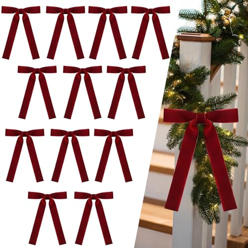 12Pcs Wine Red Velvet Bow for Christmas Tree Decorations 5x7inches,Burgundy Velvet Ribbon Gift Bows Vintage Xmas Velvets Bow for Garland DIY Craft Wrapping Wreath Ornament Christmas Bows Decorative