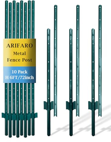 ARIFARO Fence Posts Sturdy Duty Metal Fence Post, Pack of 10, No Dig Garden U Post for Wire Fencing Steel Post for Yard, Outdoor Wire (6 Feet assemblable)