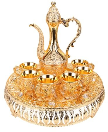 MagiDeal Vintage Turkish Coffee Set with Pot Tea Service Set Art Crafts Teapot Tea Trays Water Serving Set for Dining Table Home Decor