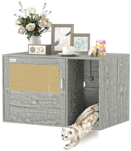 PawHut Cat Litter Box Enclosure with Rattan Door, Boho Style Hiddern Litter Box Furniture, Cat House End Side Table with Scratching Mat, Toy Ball, Non-slip Foot Pads, 80 x 50 x 50cm, Grey