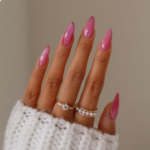 GlamRays Pink Press On Nails Half Long Almond Cat's Eye False Acrylic Glitter Silver Designs Full Cover 24 Pieces