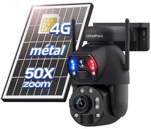 SHIWOJIA 4G LTE Caméra Solaire en Métal【Double Objectif】 avec Carte Sim, Camera Extérieure sans Fil 12000mAh Zoom Hybride 50x, Détection de Personne 6MP,Vision Nocturne Couleur, IP66-NO WiFi