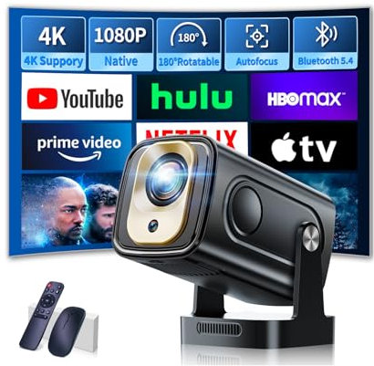 Beamer 1080P mit WiFi & Bluetooth Android Projektor, Mini Beamer 4k mit 210° drehbarer Stand, Tragbarer Projektor Native 4K Full HD Unterstützung Laptop/HDMI/USB/Automatische Trapezkorrektur, Schwarz