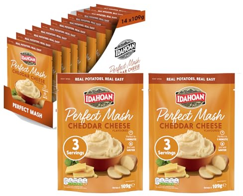 Idahoan Cheddar & Cheese Mash Potato Pack of 14 x 109g - Gluten Free Vegetarian Instant Mash Potatoes Cooks in 1 Minute, Ready to Eat Food, Cheddar Cheese Bulk