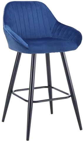 Lamboro Velluto Velvet Kitchen Bar Stool, Powder-Coated Black Fixed Legs With Footrest, Velvet Padded Seat, Backrest & Armrest, Blue