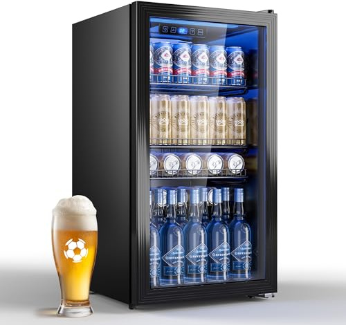 TRIUMPHKEY 90L Mini-Kühlschrank mit Glasfront (Glastür), Kompakter Getränkekühlschrank für bis zu 128 Dosen, mit verstellbaren Regalen für Bier, Wein, Soda, Ideal für Haushalt, Bar, Büro, Wohnung
