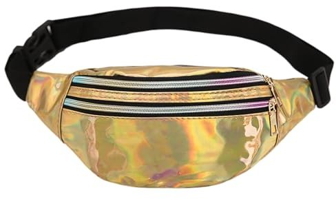 SSKHE Bunte Glänzende Bauchtasche für Party Karneval Sport Täglichen Gebrauch, Metallic Gürteltasche mit Verstellbarem Riemen, Wasserdichte Stylische Lasergürteltasche, 3 Fächer, Gold, S