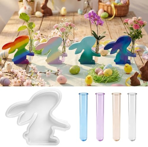 Silikonformen Gießformen Ostern, Gießformens Vase Silikonform Hase | Hase Hydrokultur vase,Kaninchen Epoxidharz Formen, Ostergeschenke mit 4 Reagenzglas, für Hydrokulturvase, Heimdekoration