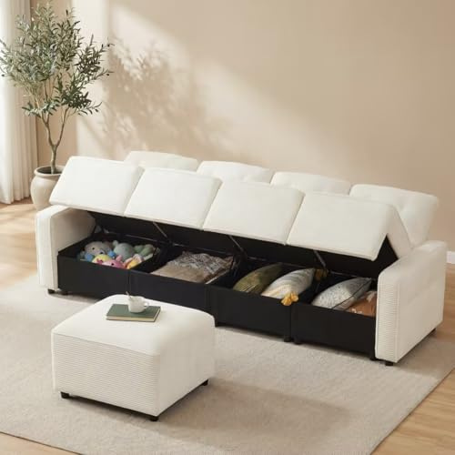 Merax 4 Sitzer Sofa mit Stauraum unter den Sitzflächen, inklusive eines frei platzierbaren Hockers, Modern Cordsofa für Wohnzimmer/Schlafzimmer/Gästezimmer, Beige
