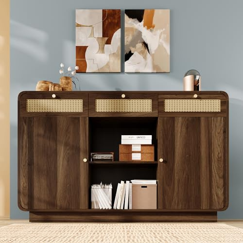 Merax Sideboard Kommode mit 3 Schubladen + 2 Schränke + offenes Regal, Sideboard Holz Küchenschrank Buffet mit Rattan & Goldgriffen Design, Walnuss/120x40x85 cm