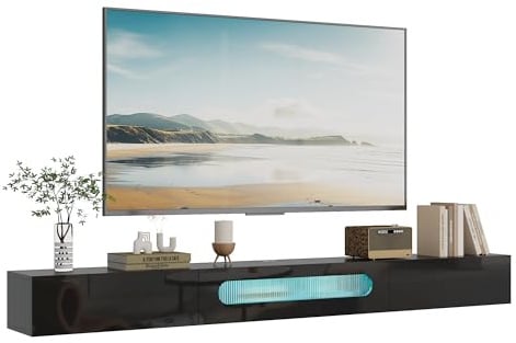 KEEPREAPER TV-Schrank 200cm Hochglanz Lowboard mit LED-Beleuchtung Schwarz | Fernsehtisch hängend, Fernsehschrank mit Wasserwellenglas, für Fernseher bis zu 75 Zoll, für Wohnzimmer, 200 x 26 x 20cm