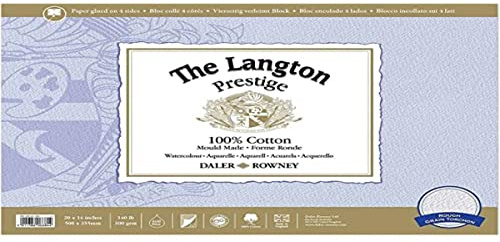Daler-Rowney The Langton Prestige Watercolour Paper, Rough, 300 gsm, 140lb, Pad, Glued 4 Sides, 20 x 14in - 50.8 x 35.6 cm, Natural White, 12 Sheets