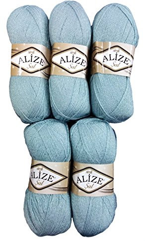 5 x 100 g Alize Glitzerwolle SAL zum Stricken und Häkeln, 500 Gramm Metallic – Wolle (graublau 114)