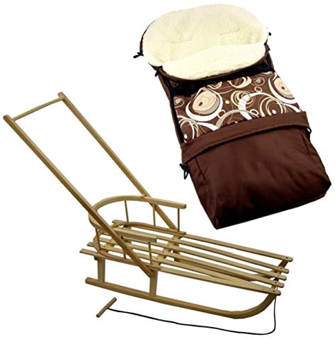 Rawstyle *KOMBIPAKET* HOLZSCHLITTEN mit Rückenlehne Inclusive Zugleine + WINTERFUSSSACK 3 in 1 aus Lammwolle für Kinderwagen Wolle Kinderschlitten (Braun + Braune Halbkreise)