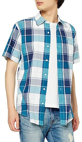 Amazon Essentials Camicia in Popeline a Maniche Corte Regular Fit Uomo, Foglia di tè Bianco Motivo Quadri Grandi, XS