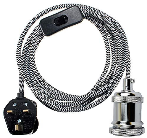 LEDSone Vintage Modern 3 Core Fabric Cable E27 Plug in Pendant Lamp Light Fitting Kit UK - Black and White