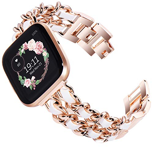 KADES kompatibel mit Fitbit versa 2 Armband, Damen armband Edelstahl Ersatzarmband kompatibel mit Fitbit Versa Armband, Versa Lite Edition Armband (Roségold mit weißem Leder)