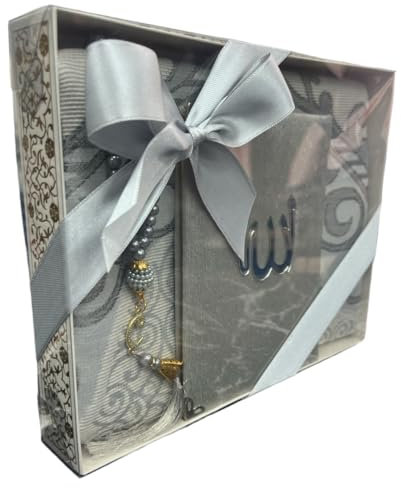 Ilm Verlag Geschenkbox Set mit Gebetsteppich, Tesbih und Surenbuch - Namaz-LIK Seccade, Gebets-Matte, Salah, Sejadah, Seccade (Grau)