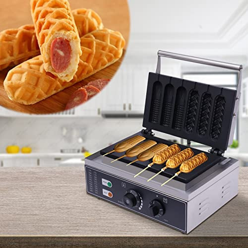 1500W Kommerzielles Waffeleisen Waffelgerät Edelstahl Hotdog Maker Waffelmaschine 6-Waffeln Corn Hot Dogs Hotdog Stiel Waffelsticks Antihaft-Pfanne Waffel Maker Küchengeräte mit Timer 50-300 ℃
