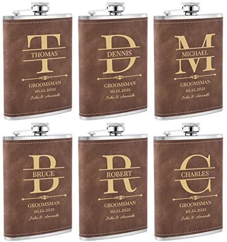 6 Pièces Flasques a Alcool Personnalisés, Flasques Whisky en Inox 304 8oz/227ml Personnalisables pour EVG, Flasque de Mariage Personnalisés pour les Garçons D'Honneur et les Témoins (Marron)