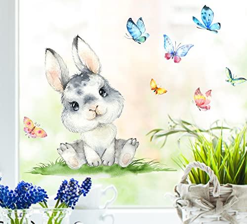 wolga-kreativ Fenstersticker Fensterbilder Frühling Ostern Hase Osterhase Schmetterling Aufkleber Sticker Fenster Küche Küchenfenster wiederverwendbar Sichtschutz