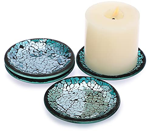 BSTKEY Set mit 4 Mosaik-Glas-Kerzentellern, 10 cm, 4 runde Kerzenteller, dekorativer Stumpenkerzenhalter, Teelichthalter, Untersetzer, Untersetzer, Blau