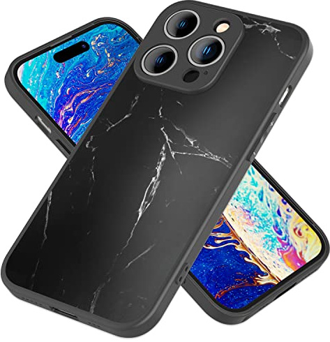 NALIA Marmor Glas Case für iPhone 14 Pro, Schwarz | Kabelloses Laden durch die Hülle, Erhöhter Rand an Kamera und Display, Fingerabdrücke kaum sichtbar, MARBELLE