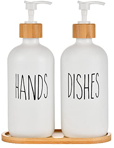 2 Pack Kitchen Soap Dispenser White Kitchen Bathroom Hands and Dishes Dispensers Set Glass Soap Dispenser with Pump Wooden Tray for Countertop Laundry Room Shampoo Lotion