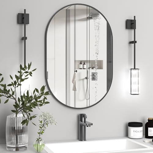 NEUWEABY Ovaler Badezimmerspiegel Ovale Wandspiegel für über dem Waschbecken, 60x90 cm Schwarze Pillen Spiegel Capsule Wandspiegel, Moderner Spiegel mit Metallrahmen für Wanddekoration