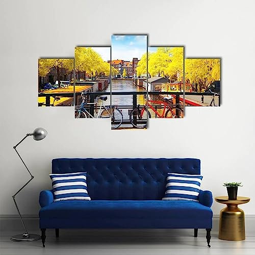 WAGYU 5 teiliges wandbild Amsterdam im Herbst 5 stück leinwand wandkunst,5 teilig leinwand wanddeko Wohnzimmer,leinwanddruck 5 teilig Bilder Wohnzimmer modern groß,mit Rahmen,XXL 100x55cm