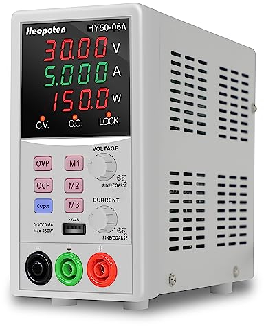 Labornetzteil, Heopoten 50V 6A 150W Programmierbares Labornetzgerät ，Hochpräzises 4-stellige zweifarbige LED Anzeige, 5V2A USB-Ausgang, Alligatorkabeln und Netzkabel
