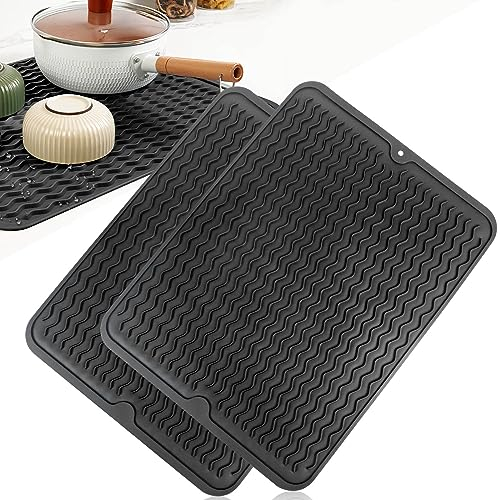 JOLIGAEA Tappetino Scolapiatti in Silicone, 2 Pezzi 40 x 30cm Cucina Scolapiatti, Sgocciolatoio per Lavello, Tappetino Antiscivolo Scolapiatti, Tappetino per Asciugatura Resistente al Calore, Nero
