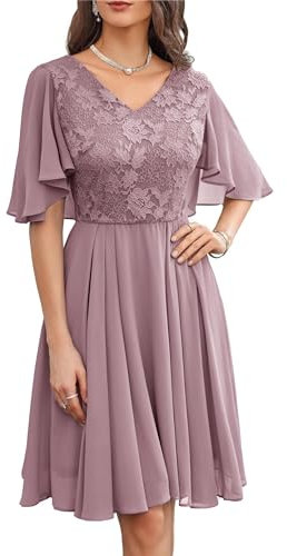 Damen Chiffon Cocktailkleid Knielang Faltensaum Sommerkleid Cape Ärmel Maßgeschneidert A-Linie Hochzeitkleid Elegant Rosa 44