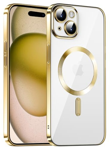 KPPIT for iPhone 15 Plus Case Compatible with MagSafe, Slim Clear Magnetic Case Scratchproof and Shockproof with Camera Protection-Gold