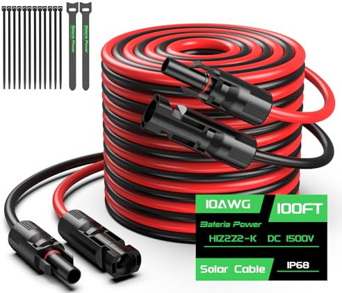 Bateria Power 100 Feet 10AWG Solar Panel Extension Cable, 6mm² Solar Extension Cable Wire with Female & Male Waterproof Connectors for RV, Photovoltaic Systems, Set of 2
