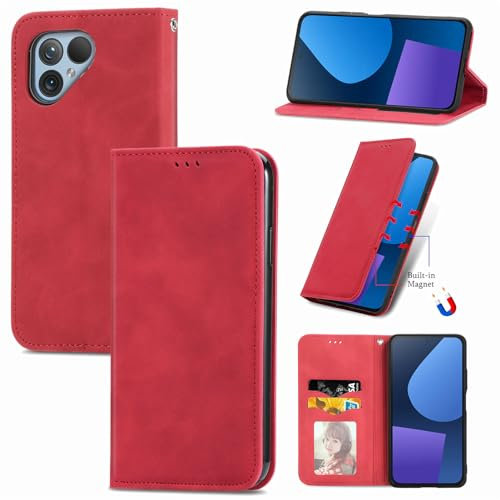 Everainy Compatible for Fairphone 5 Case Silicone Leather Flip Magnetic Closure with Stand Kickstand Card Slot Wallet Shockproof Bumper Cover (Red)