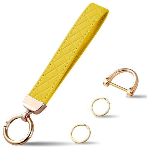 Weixiltc Leder-Handgelenk-Schlüsselanhänger, Auto-Schlüsselanhänger-Halter mit 2 Schlüsselringen und Anti-Verlust-D-Ring, Schlüsselanhänger Armband für Frauen, gelb, Einheitsgröße
