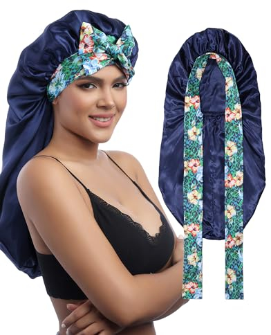 MBJERRY Cuffia per Capelli in Seta Lunga per Dormire - Silk Bonnet Cuffia per Capelli in Raso Regolabile per Dormire da Donna