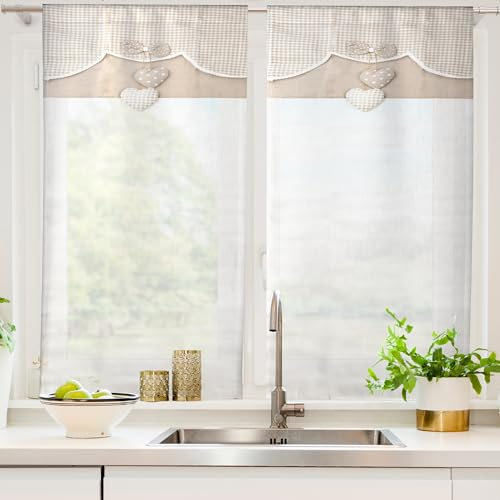 BESCH Cortina de Cocina de Lino Estampado Semitransparente 60x150cm - Visillo para Ventana de Cocina, Comedor, Marco de Puerta Pack de 2 Piezas